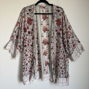 Mason & Belle Sz 2X Floral Crochet Trim Gauzy Open Front Kimono Boho Cottagecore
